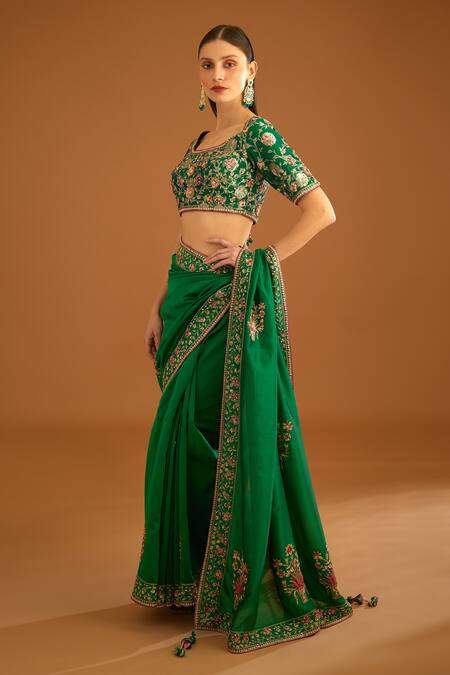 Shop_Shyam Narayan Prasad_Green Silk Embroidered Zardozi Round Floral Work Saree With Brocade Blouse _Online_at_Aza_Fashions