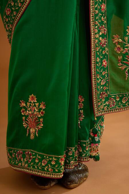 Shyam Narayan Prasad_Green Silk Embroidered Zardozi Round Floral Work Saree With Brocade Blouse _Online_at_Aza_Fashions