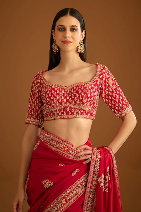 Shyam Narayan Prasad_Red Silk Embroidered Zardozi Sweetheart Neck Floral Work Saree With Blouse _at_Aza_Fashions