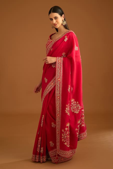 Shyam Narayan Prasad_Red Silk Embroidered Zardozi Sweetheart Neck Floral Work Saree With Blouse _Online_at_Aza_Fashions