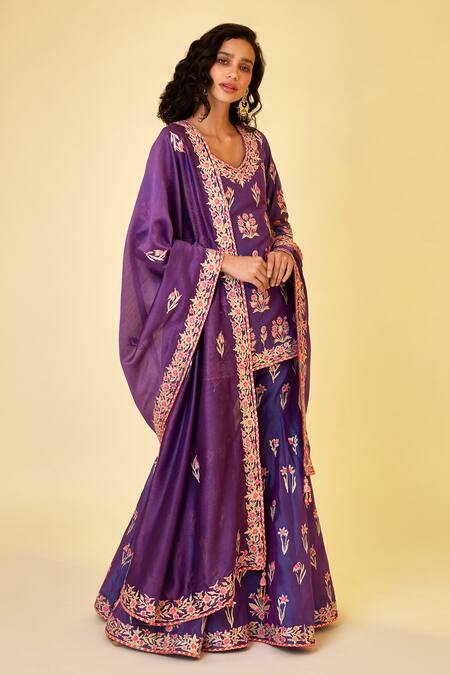 Shyam Narayan Prasad_Purple Chanderi Silk Gota Patti, Embroidery Round Neck Flower Kurta Sharara Set _Online_at_Aza_Fashions