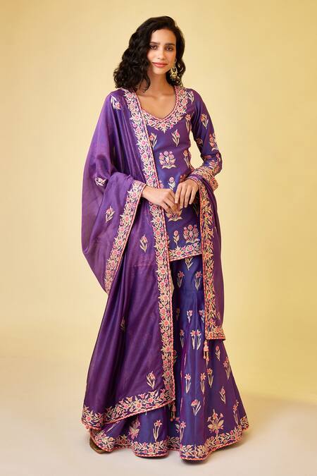 Buy_Shyam Narayan Prasad_Purple Chanderi Silk Gota Patti, Embroidery Round Neck Flower Kurta Sharara Set _Online_at_Aza_Fashions