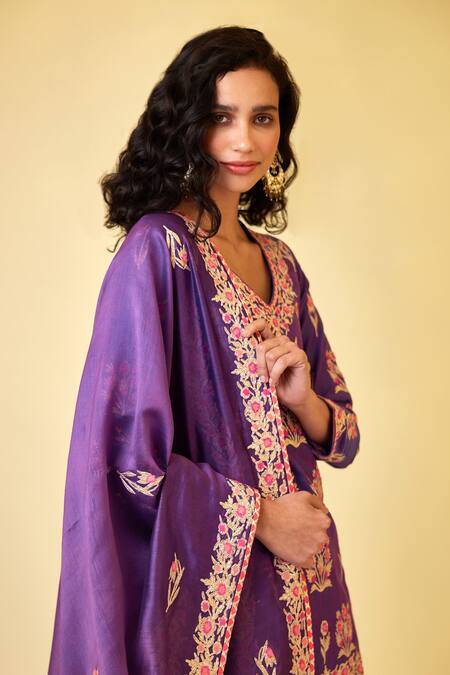 Shop_Shyam Narayan Prasad_Purple Chanderi Silk Gota Patti, Embroidery Round Neck Flower Kurta Sharara Set _Online_at_Aza_Fashions