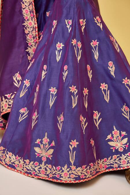 Shyam Narayan Prasad_Purple Chanderi Silk Gota Patti, Embroidery Round Neck Flower Kurta Sharara Set _at_Aza_Fashions