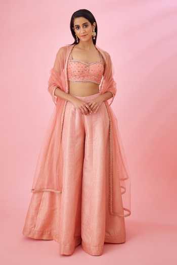 Shyam Narayan Prasad_Peach Net, Brocade Zari, Embroidery Sweetheart Neck Top Sharara Set _Online_at_Aza_Fashions