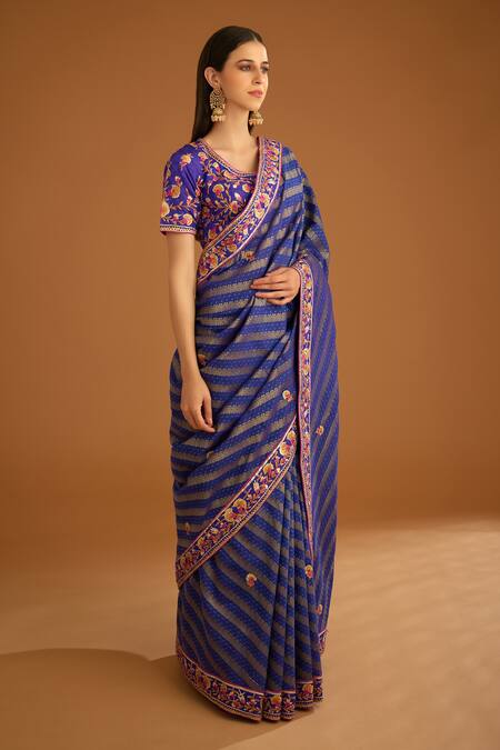 Shyam Narayan Prasad_Blue Silk Brocade And Chanderi Gold Jacquard Embroidered Gota Saree With Blouse _Online_at_Aza_Fashions