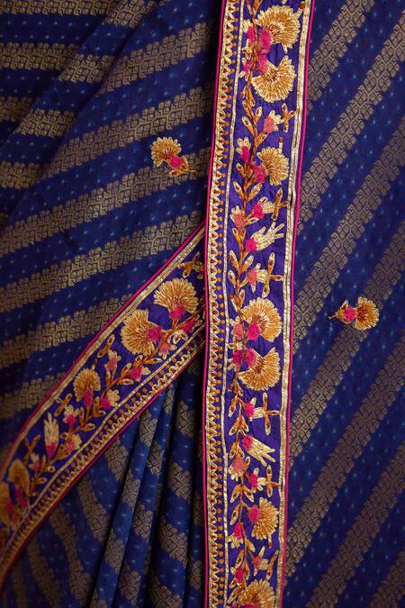 Buy_Shyam Narayan Prasad_Blue Silk Brocade And Chanderi Gold Jacquard Embroidered Gota Saree With Blouse _Online_at_Aza_Fashions