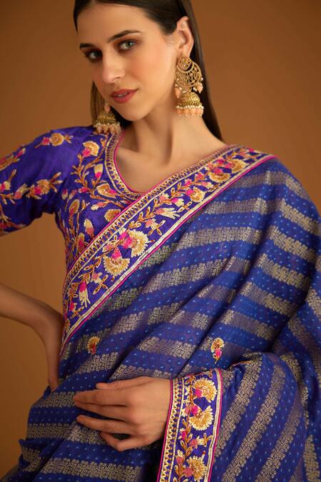 Shop_Shyam Narayan Prasad_Blue Silk Brocade And Chanderi Gold Jacquard Embroidered Gota Saree With Blouse _Online_at_Aza_Fashions