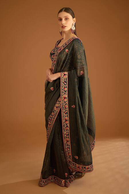 Shyam Narayan Prasad_Blue Silk Brocade And Chanderi Gold Jacquard Embroidered Striped Saree With Blouse _Online_at_Aza_Fashions