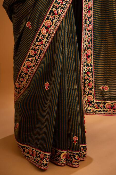 Buy_Shyam Narayan Prasad_Blue Silk Brocade And Chanderi Gold Jacquard Embroidered Striped Saree With Blouse _Online_at_Aza_Fashions