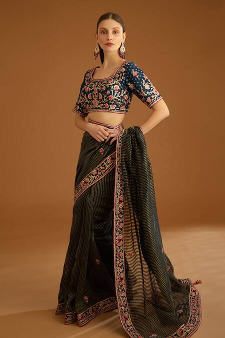 Shop_Shyam Narayan Prasad_Blue Silk Brocade And Chanderi Gold Jacquard Embroidered Striped Saree With Blouse _Online_at_Aza_Fashions