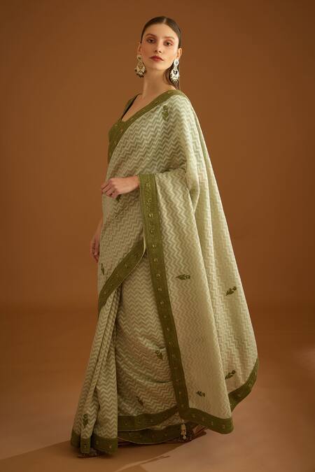 Shyam Narayan Prasad_Green Chanderi Jacquard And Cotton Silk Embroidered Thread Saree With Blouse _Online_at_Aza_Fashions