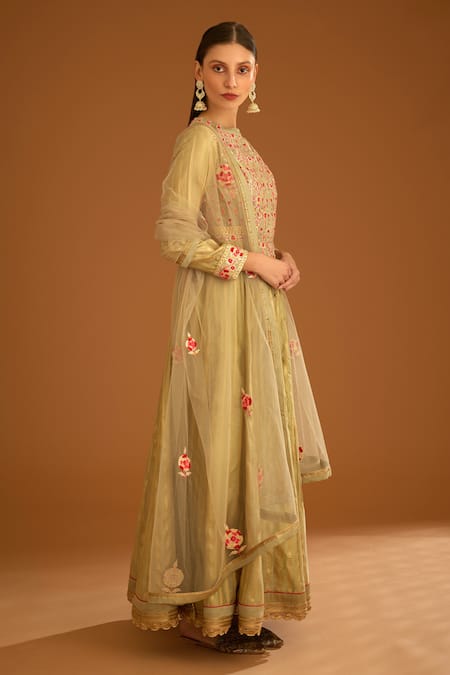Shyam Narayan Prasad_Beige Modal, Chanderi, Net Embroidery, Gota Floral Work And Striped Anarkali Set _Online_at_Aza_Fashions