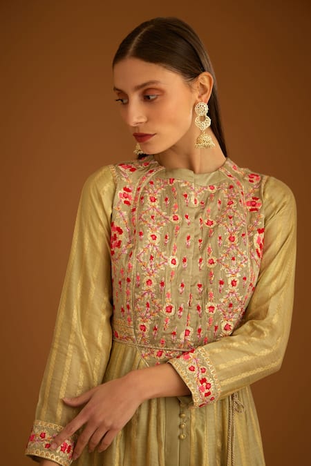 Buy_Shyam Narayan Prasad_Beige Modal, Chanderi, Net Embroidery, Gota Floral Work And Striped Anarkali Set _Online_at_Aza_Fashions