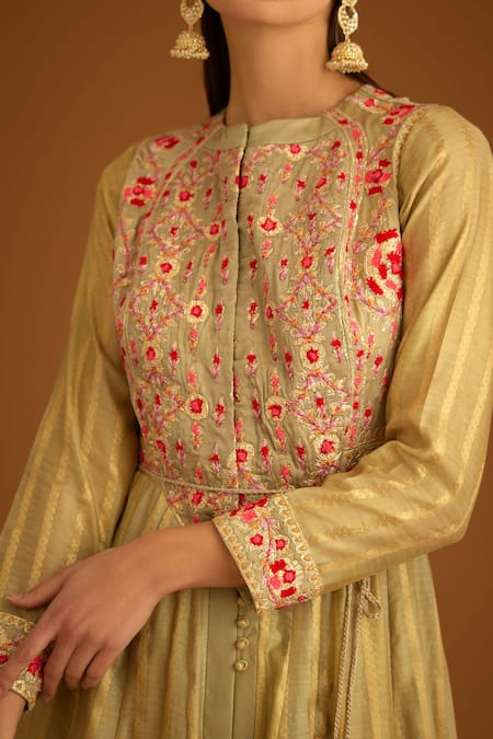 Shop_Shyam Narayan Prasad_Beige Modal, Chanderi, Net Embroidery, Gota Floral Work And Striped Anarkali Set _Online_at_Aza_Fashions