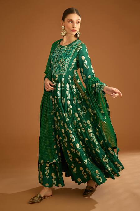Shyam Narayan Prasad_Green Cotton Satin, Lurex, Viscose Gota Patti, And Thread Anarkali Set _Online_at_Aza_Fashions