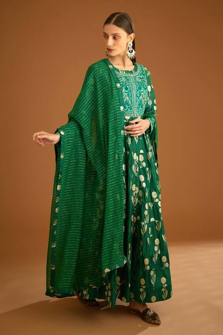 Buy_Shyam Narayan Prasad_Green Cotton Satin, Lurex, Viscose Gota Patti, And Thread Anarkali Set _Online_at_Aza_Fashions