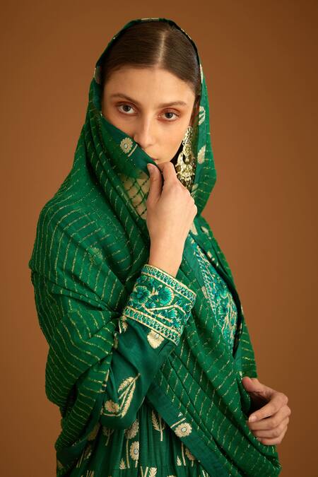 Shop_Shyam Narayan Prasad_Green Cotton Satin, Lurex, Viscose Gota Patti, And Thread Anarkali Set _Online_at_Aza_Fashions