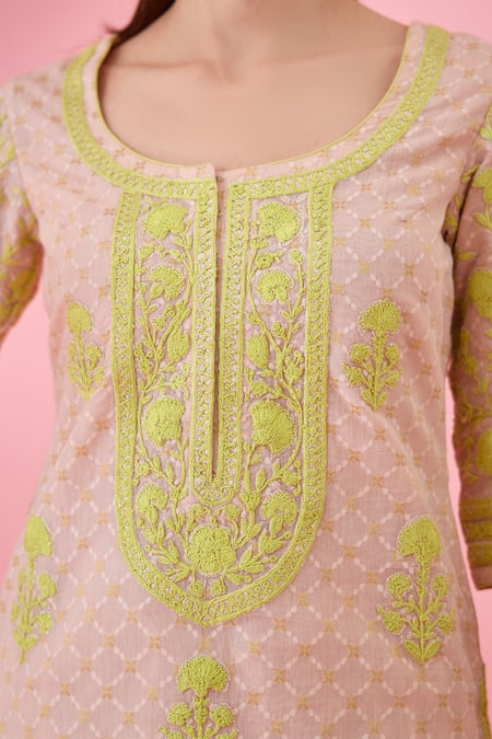 Shyam Narayan Prasad_Green Modal, Chanderi Embroidery Round Neck Floral Patchwork Kurta Lehenga Set _Online_at_Aza_Fashions