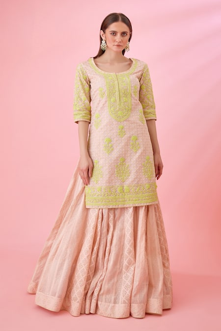 Buy_Shyam Narayan Prasad_Green Modal, Chanderi Embroidery Round Neck Floral Patchwork Kurta Lehenga Set _Online_at_Aza_Fashions