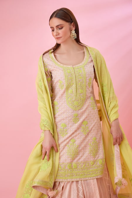 Shyam Narayan Prasad_Green Modal, Chanderi Embroidery Round Neck Floral Patchwork Kurta Lehenga Set _at_Aza_Fashions
