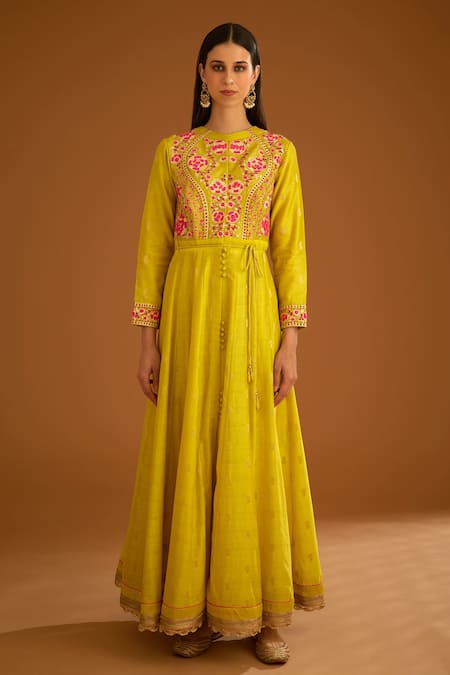 Shop Shyam Narayan Prasad Green Modal, Chanderi, Net Embroidery, Gota Patti Floral Work Anarkali Set Online at Aza Fashions Shop_Shyam Narayan Prasad_Green Modal, Chanderi, Net Embroidery, Gota Patti Floral Work Anarkali Set _Online_at_Aza_Fashions