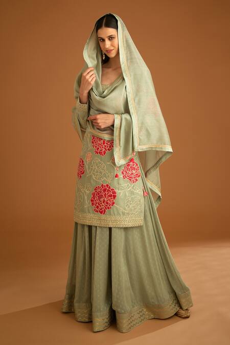 Shyam Narayan Prasad_Blue Chanderi, Georgette Embroidery, Gota Patti And Thread Work Kurta Sharara Set _at_Aza_Fashions