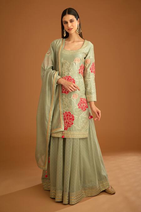 Shyam Narayan Prasad_Blue Chanderi, Georgette Embroidery, Gota Patti And Thread Work Kurta Sharara Set _Online_at_Aza_Fashions