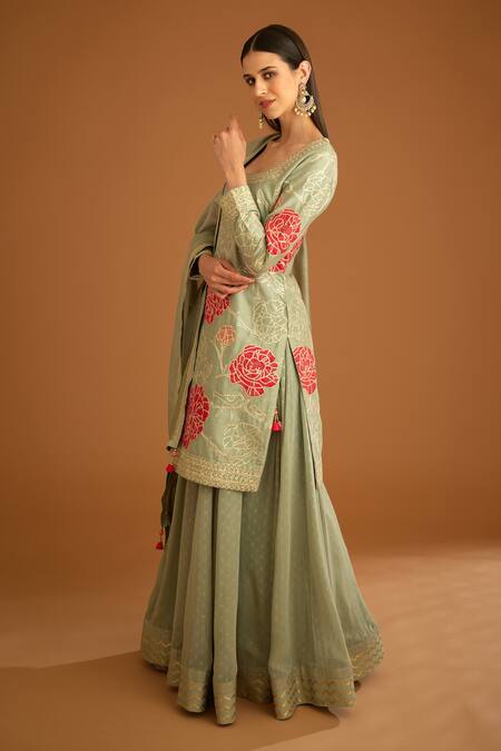 Buy_Shyam Narayan Prasad_Blue Chanderi, Georgette Embroidery, Gota Patti And Thread Work Kurta Sharara Set _Online_at_Aza_Fashions