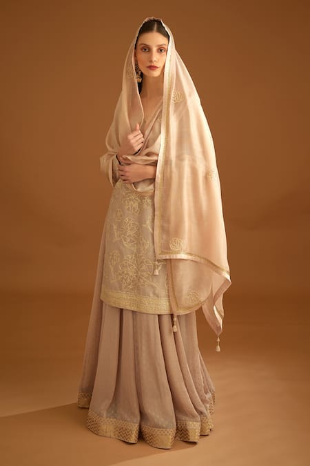 Shyam Narayan Prasad_Peach Chanderi, Georgette Lace, Embroidery, Thread And Work Kurta Sharara Set _at_Aza_Fashions