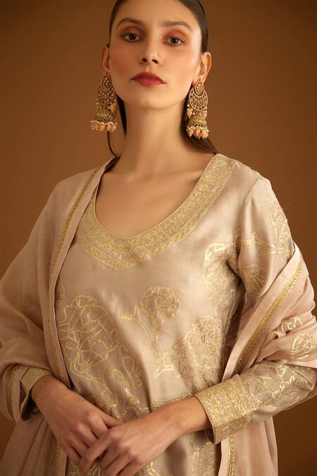 Buy_Shyam Narayan Prasad_Peach Chanderi, Georgette Lace, Embroidery, Thread And Work Kurta Sharara Set _Online_at_Aza_Fashions