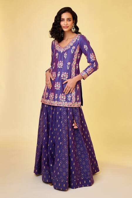 Shyam Narayan Prasad_Purple Chanderi Silk Embroidery, Gota Patti V-neck Kurta Skirt Set _Online_at_Aza_Fashions