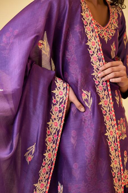 Shop_Shyam Narayan Prasad_Purple Chanderi Silk Embroidery, Gota Patti V-neck Kurta Skirt Set _Online_at_Aza_Fashions
