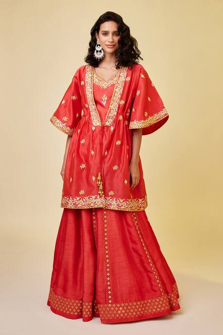 Shyam Narayan Prasad_Red Chanderi Silk, Denim Embroidery, Lace, Gota Thread And Work Kurta Skirt Set _Online_at_Aza_Fashions