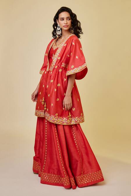 Buy_Shyam Narayan Prasad_Red Chanderi Silk, Denim Embroidery, Lace, Gota Thread And Work Kurta Skirt Set _Online_at_Aza_Fashions
