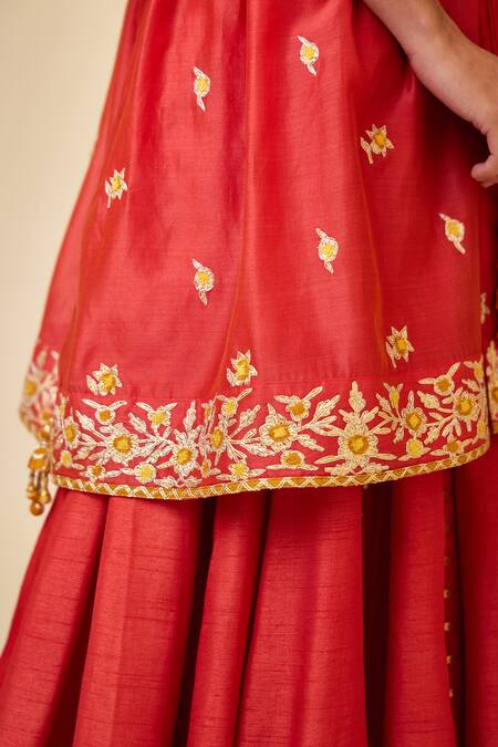 Shop_Shyam Narayan Prasad_Red Chanderi Silk, Denim Embroidery, Lace, Gota Thread And Work Kurta Skirt Set _Online_at_Aza_Fashions