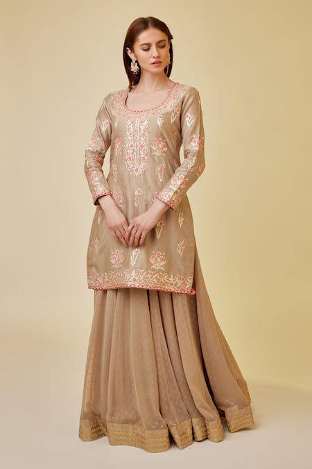 Shyam Narayan Prasad_Beige Chanderi Silk, Georgette Embroidery, Floral Thread And Work Kurta Skirt Set _Online_at_Aza_Fashions