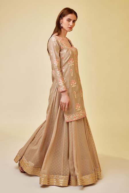 Buy_Shyam Narayan Prasad_Beige Chanderi Silk, Georgette Embroidery, Floral Thread And Work Kurta Skirt Set _Online_at_Aza_Fashions