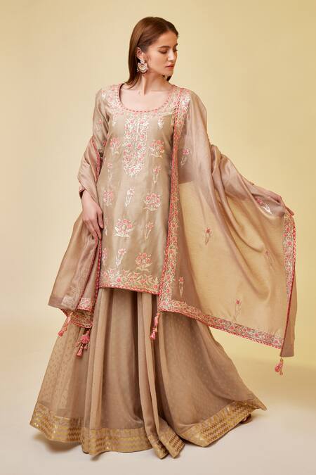 Shop_Shyam Narayan Prasad_Beige Chanderi Silk, Georgette Embroidery, Floral Thread And Work Kurta Skirt Set _Online_at_Aza_Fashions
