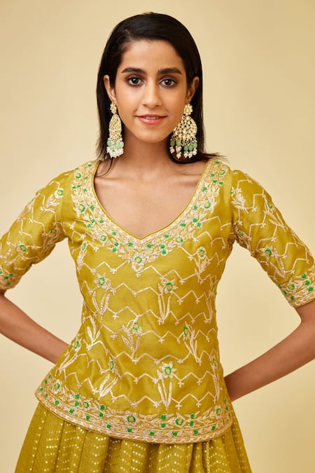 Shyam Narayan Prasad_Green Silk, Lurex, Floral Work Short Kurta Skirt Set _Online_at_Aza_Fashions
