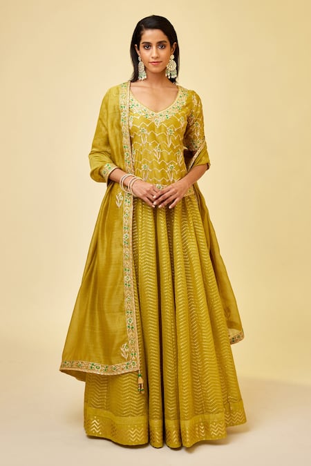 Shop_Shyam Narayan Prasad_Green Silk, Lurex, Floral Work Short Kurta Skirt Set _Online_at_Aza_Fashions