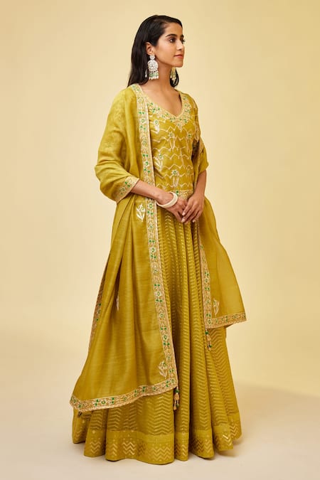 Shyam Narayan Prasad_Green Silk, Lurex, Floral Work Short Kurta Skirt Set _at_Aza_Fashions