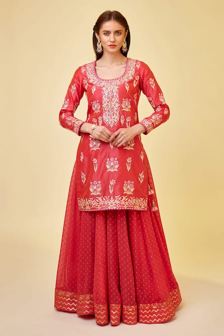 Shyam Narayan Prasad_Red Chanderi Silk, Georgette Embroidery, Gota Patti Floral Work Kurta Skirt Set _Online_at_Aza_Fashions