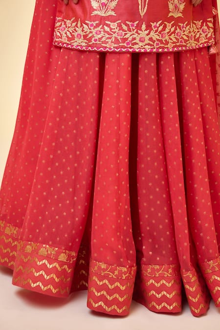 Buy_Shyam Narayan Prasad_Red Chanderi Silk, Georgette Embroidery, Gota Patti Floral Work Kurta Skirt Set _Online_at_Aza_Fashions