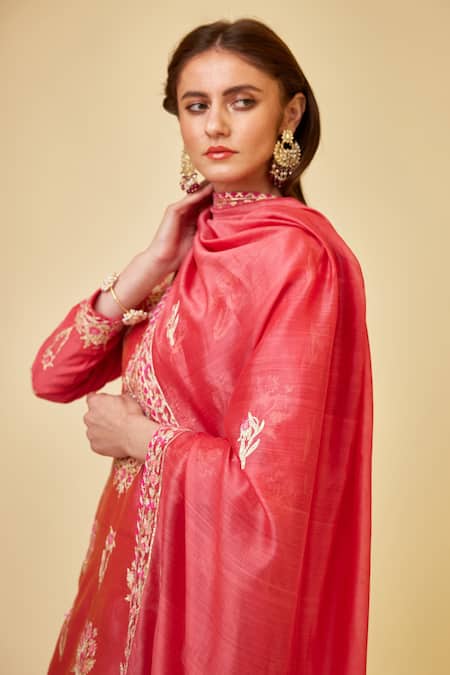 Shop_Shyam Narayan Prasad_Red Chanderi Silk, Georgette Embroidery, Gota Patti Floral Work Kurta Skirt Set _Online_at_Aza_Fashions