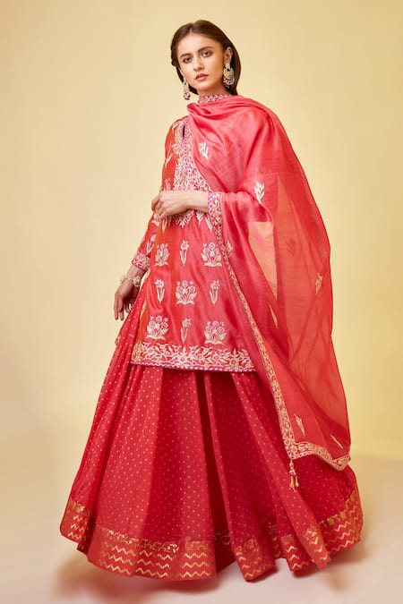 Shyam Narayan Prasad_Red Chanderi Silk, Georgette Embroidery, Gota Patti Floral Work Kurta Skirt Set _at_Aza_Fashions