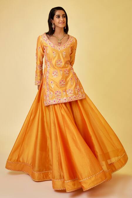 Shyam Narayan Prasad_Orange Chanderi Silk Embroidery, Lace, Gota Patti V-neck Yellow Kurta Skirt Set _Online_at_Aza_Fashions