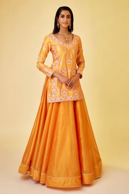 Buy_Shyam Narayan Prasad_Orange Chanderi Silk Embroidery, Lace, Gota Patti V-neck Yellow Kurta Skirt Set _Online_at_Aza_Fashions