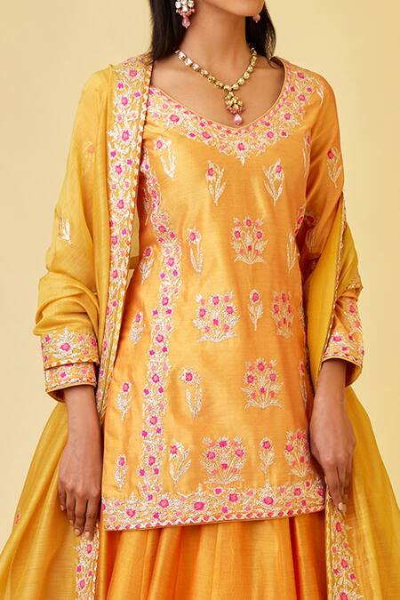 Shop_Shyam Narayan Prasad_Orange Chanderi Silk Embroidery, Lace, Gota Patti V-neck Yellow Kurta Skirt Set _Online_at_Aza_Fashions