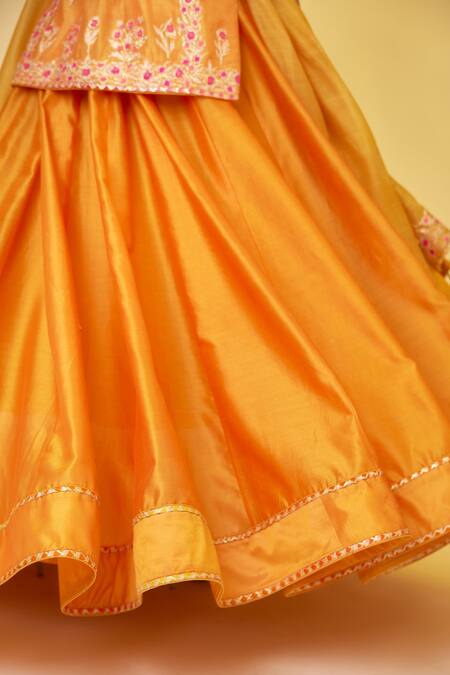 Buy_Shyam Narayan Prasad_Orange Chanderi Silk Embroidery, Lace, Gota Patti V-neck Yellow Kurta Skirt Set 